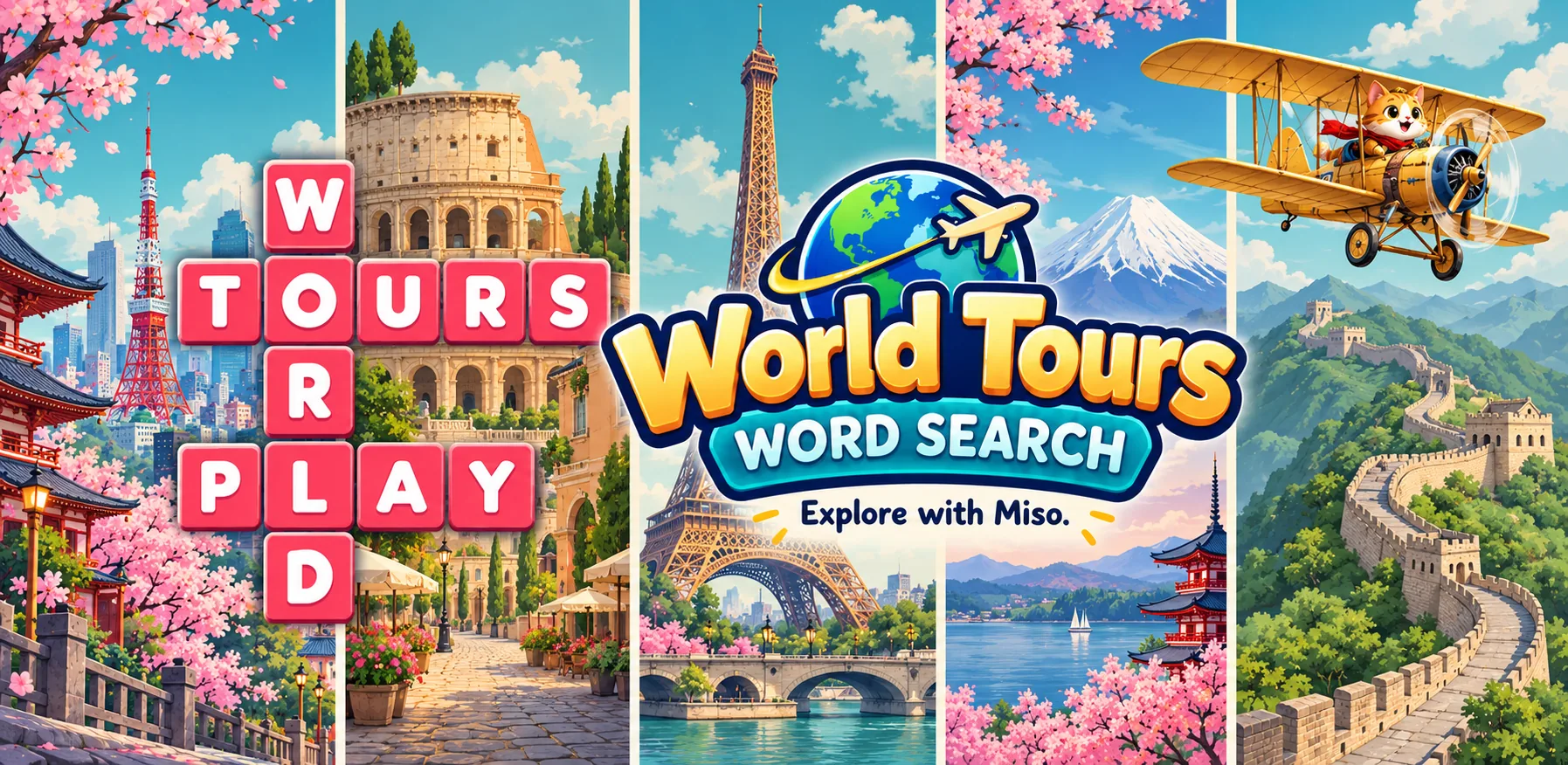 Word Search World Tours: Miso flies a biplane past Tokyo, Rome, Paris, Mount Fuji and the Great Wall