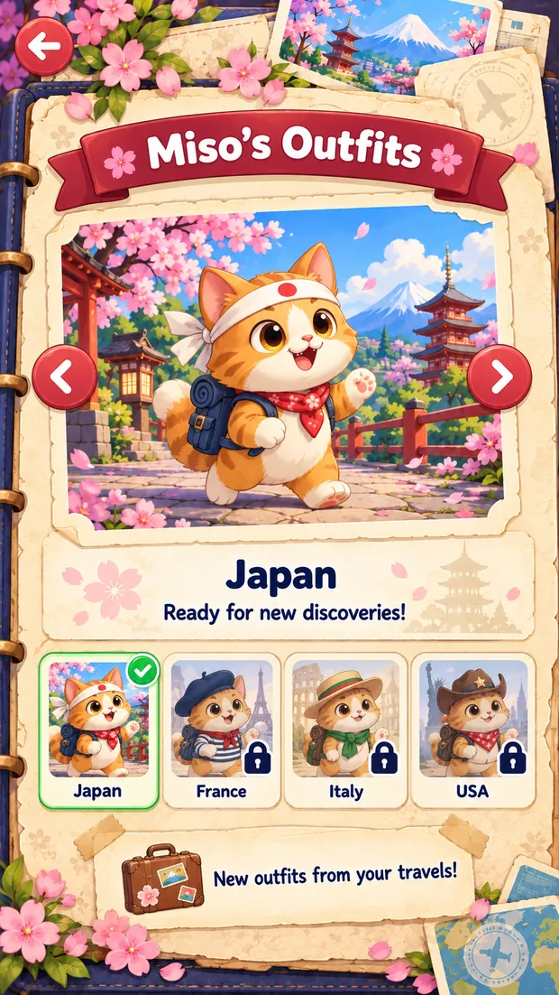 Miso's outfits screen with Japan, France, Italy and USA looks